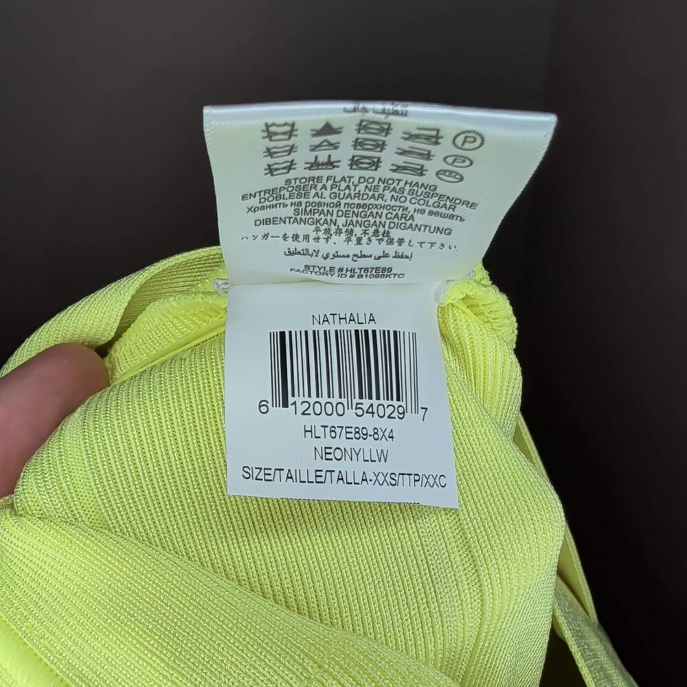 Herve Leger Neon Yellow/Green 'Nathalia' V-Neck 3/4 Sleeve Bandage Mini Dress - Picture 12 of 12